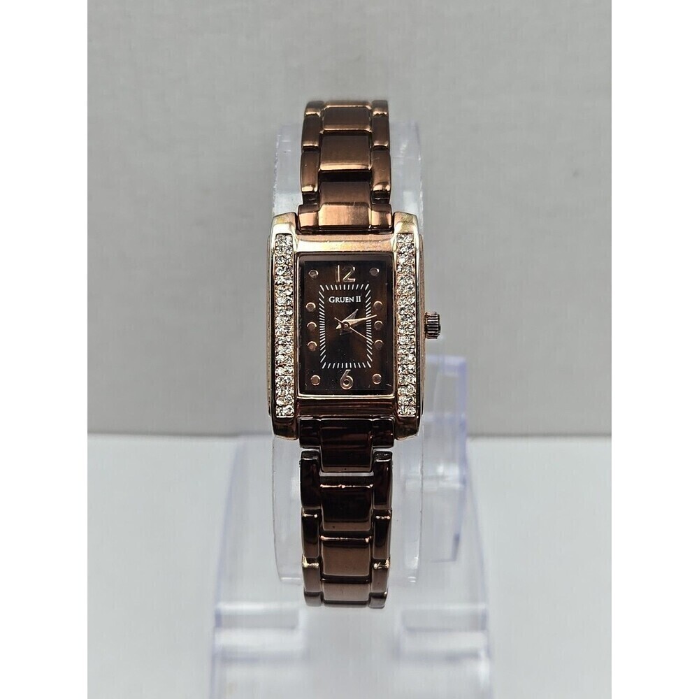 Gruen II Womens Rose Gold Rectangular Watch Crystal Bezel Brown Dial New Battery